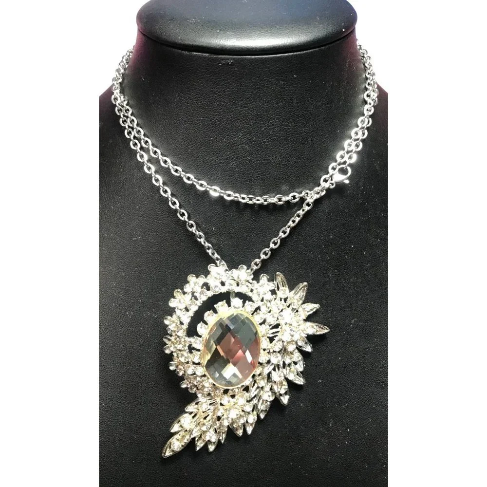 Vintage Large Clear Rhinestone Floral Layered Pendant Necklace Silver Tone 4” - Picture 2 of 6